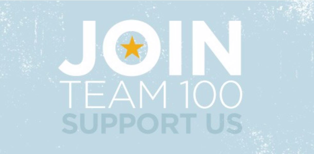 A blue background. In white lettering "Join TEAM 100" and below it, in blue: "support us" 